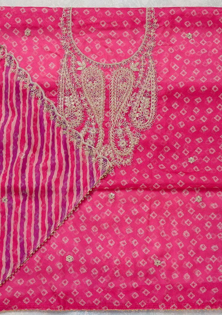 Pink Zariwork (Gold) Organza Unstitched Salwar Suit