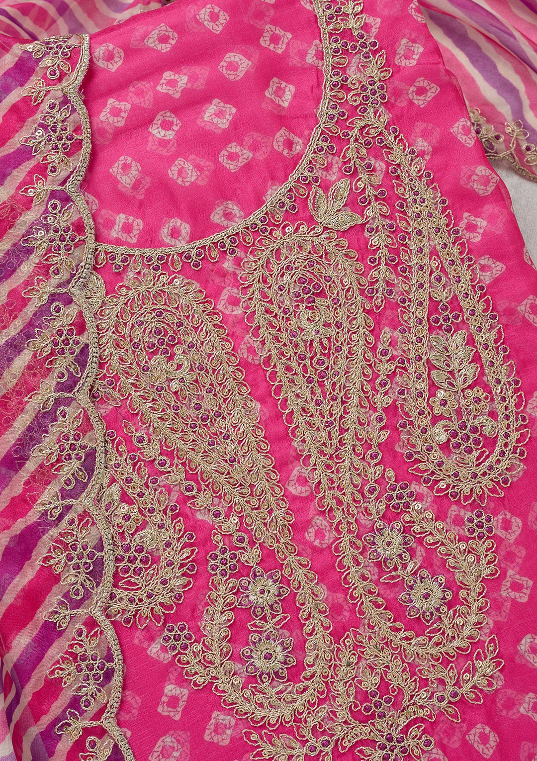Pink Zariwork (Gold) Organza Unstitched Salwar Suit