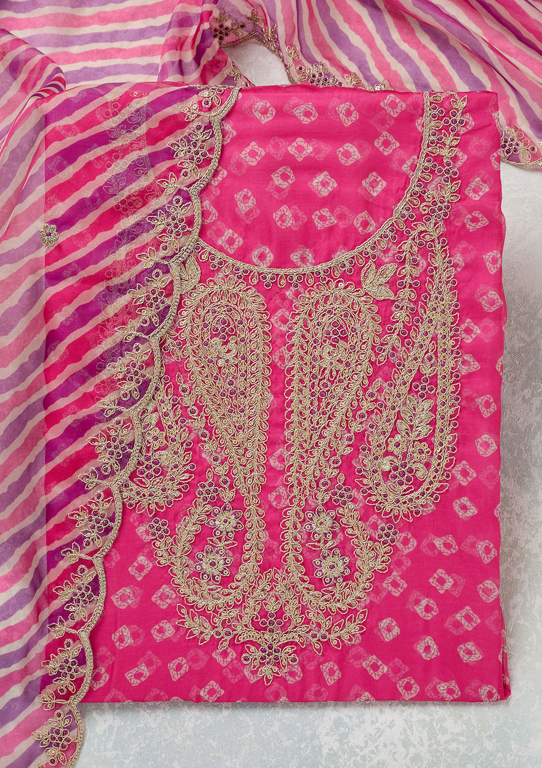 Pink Zariwork (Gold) Organza Unstitched Salwar Suit