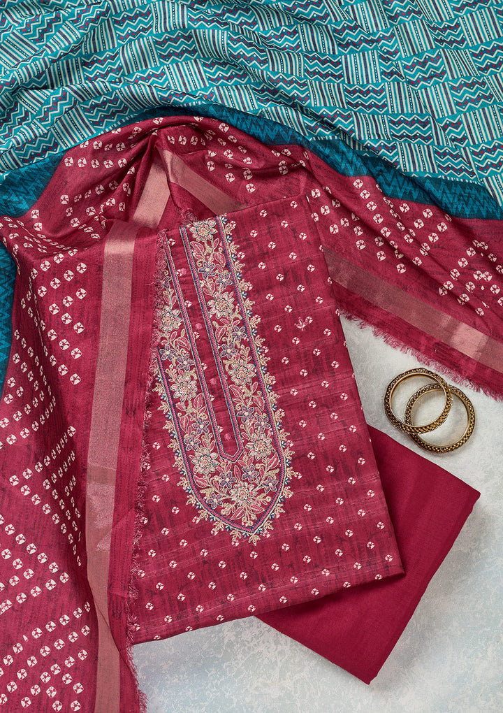 Pink Organza Bandhej Threadwork Unstitched Dress Material With Matching Bottom And Dupatta
