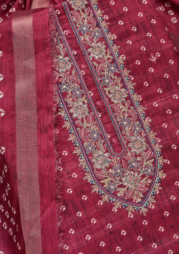 Pink Organza Bandhej Threadwork Unstitched Dress Material With Matching Bottom And Dupatta