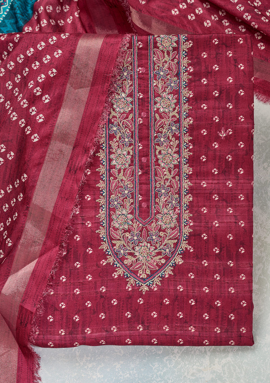 Pink Organza Bandhej Threadwork Unstitched Dress Material With Matching Bottom And Dupatta