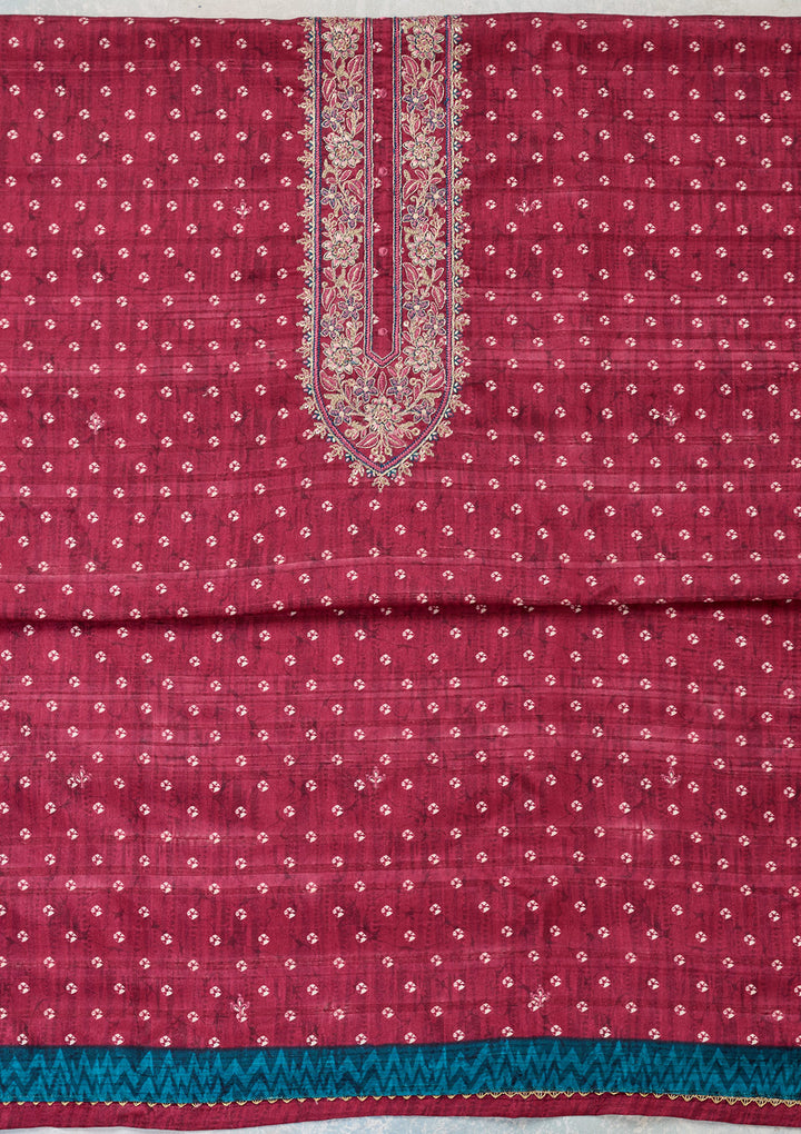 Pink Organza Bandhej Threadwork Unstitched Dress Material With Matching Bottom And Dupatta