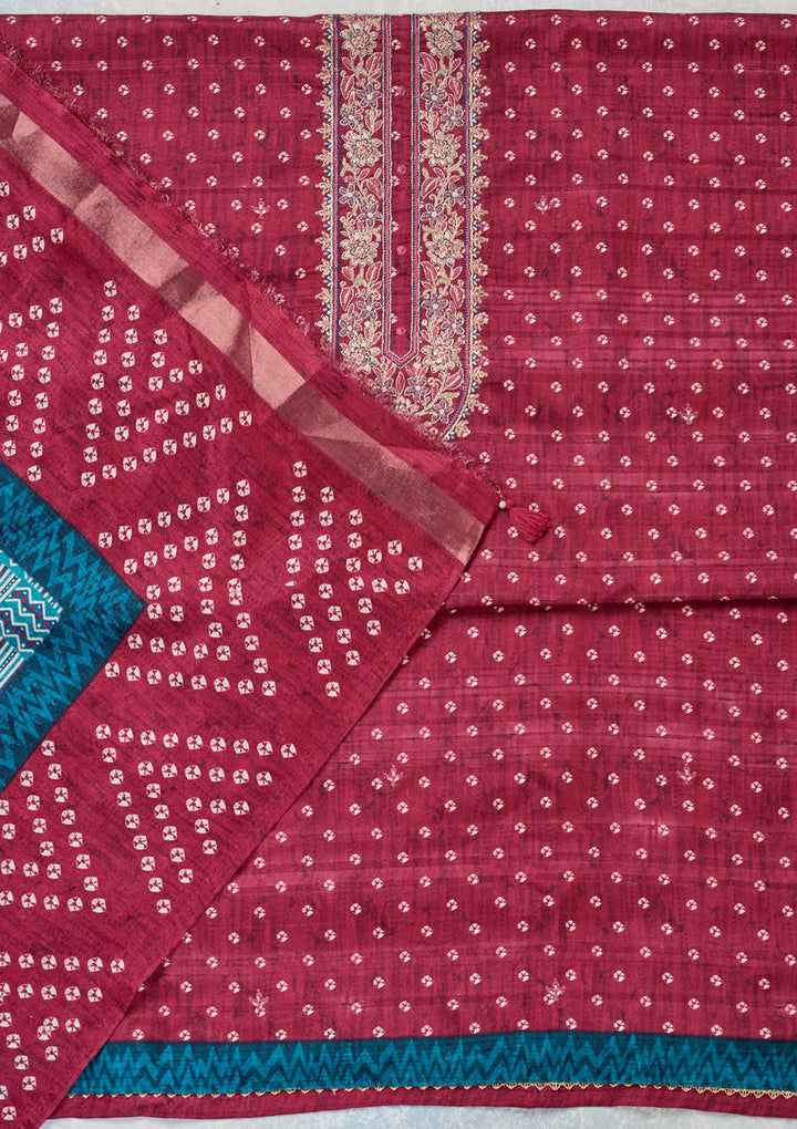 Pink Organza Bandhej Threadwork Unstitched Dress Material With Matching Bottom And Dupatta
