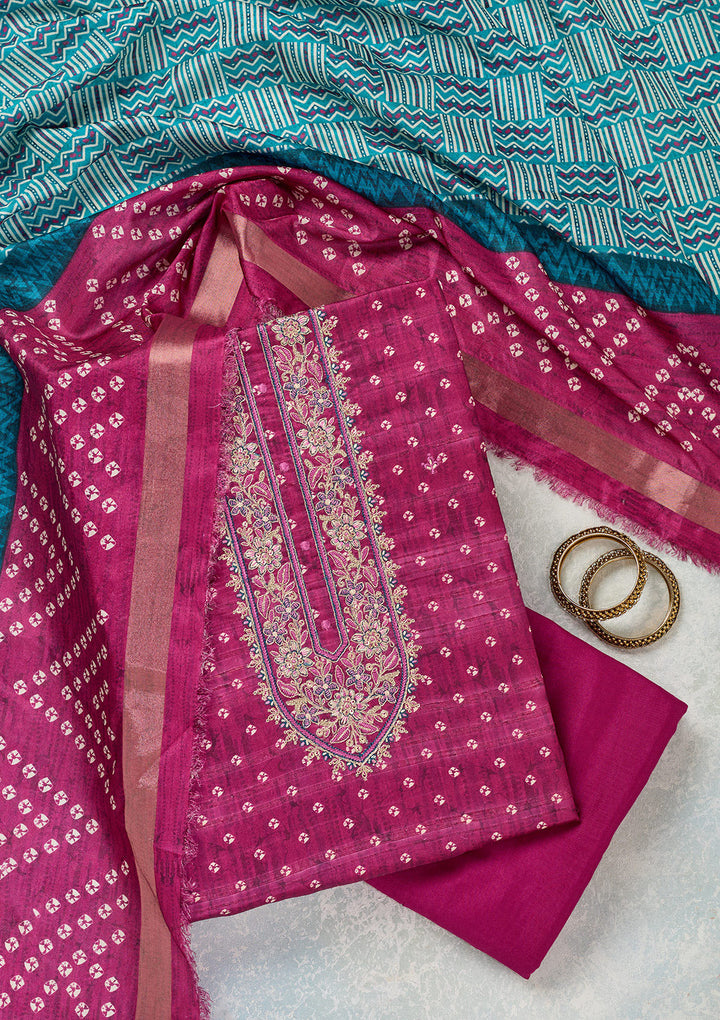 Wine Organza Bandhej Threadwork Unstitched Dress Material With Matching Bottom And Dupatta