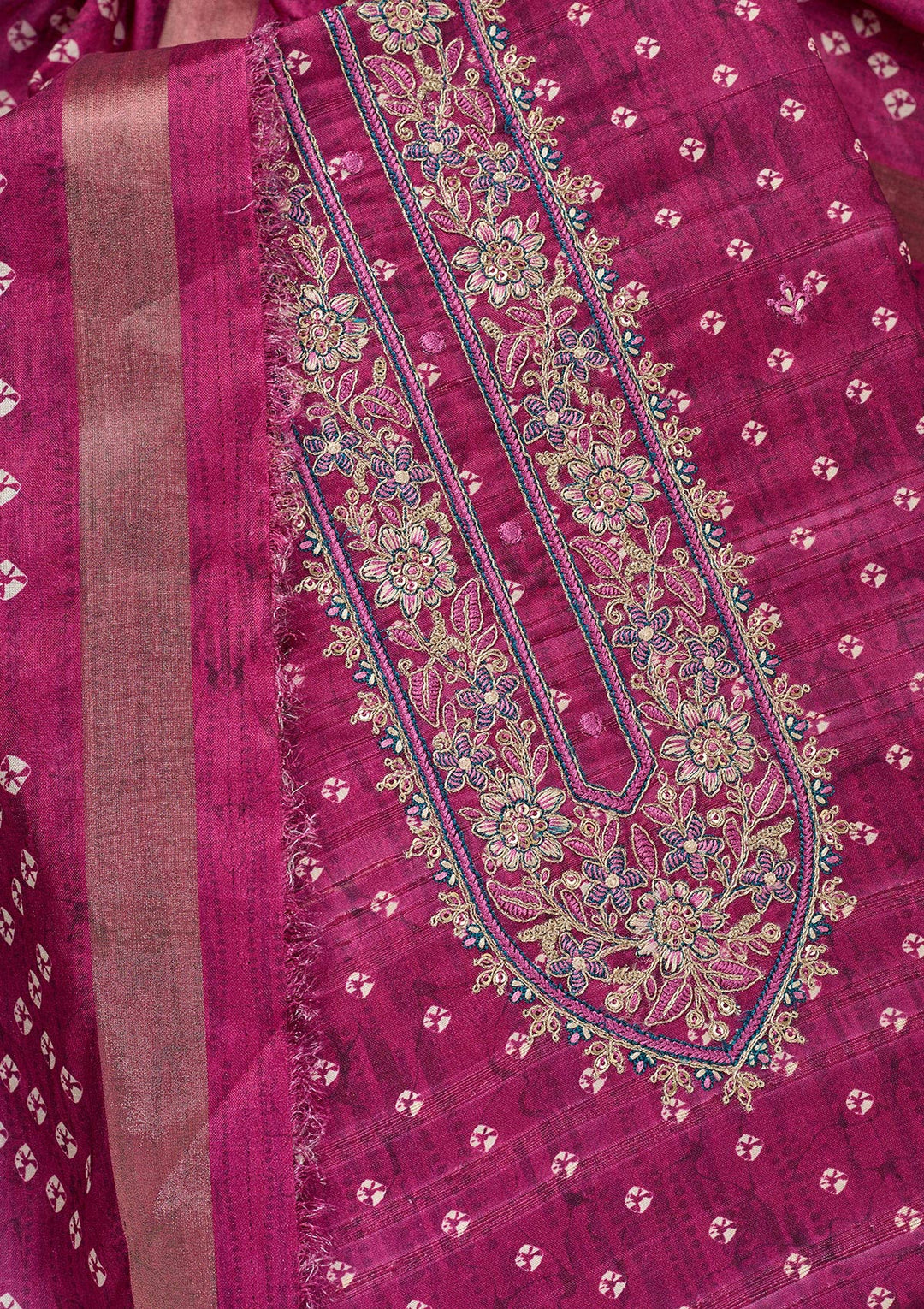 Wine Organza Bandhej Threadwork Unstitched Dress Material With Matching Bottom And Dupatta