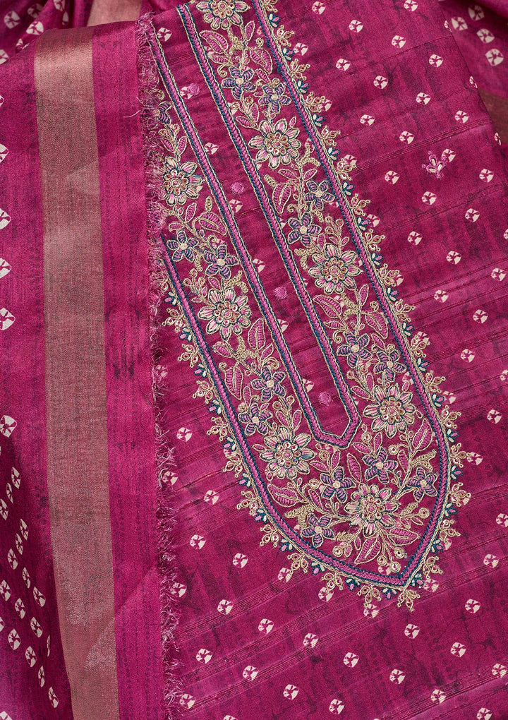 Wine Organza Bandhej Threadwork Unstitched Dress Material With Matching Bottom And Dupatta