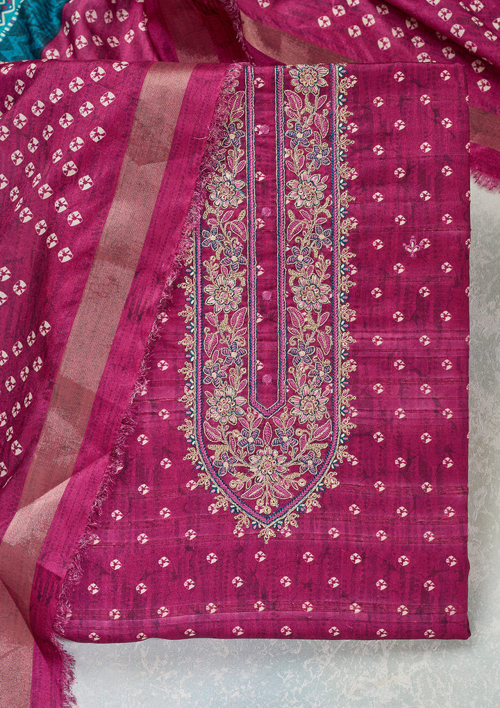 Wine Organza Bandhej Threadwork Unstitched Dress Material With Matching Bottom And Dupatta