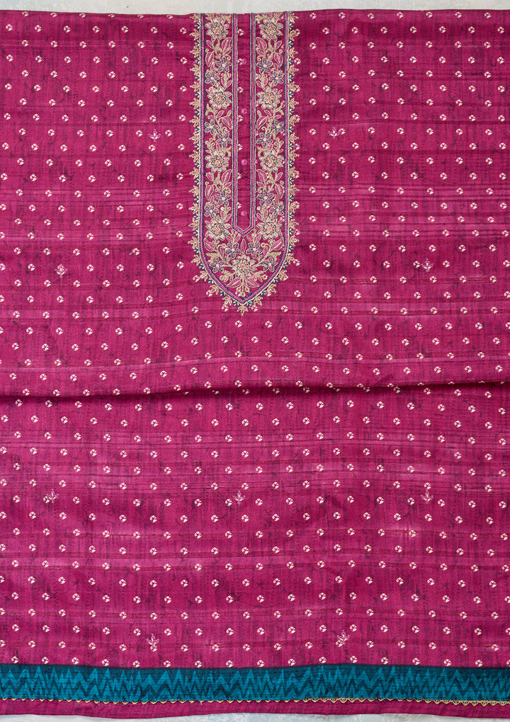 Wine Organza Bandhej Threadwork Unstitched Dress Material With Matching Bottom And Dupatta