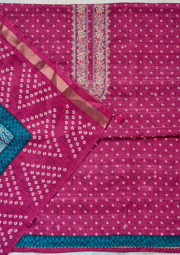 Wine Organza Bandhej Threadwork Unstitched Dress Material With Matching Bottom And Dupatta