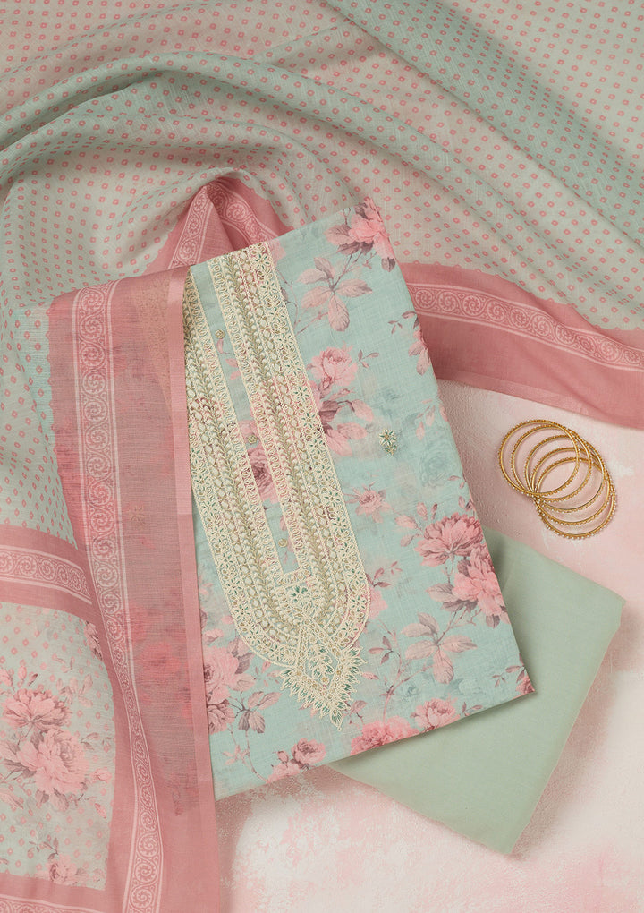 Sea Green Threadwork Linen Unstitched Salwar Suit