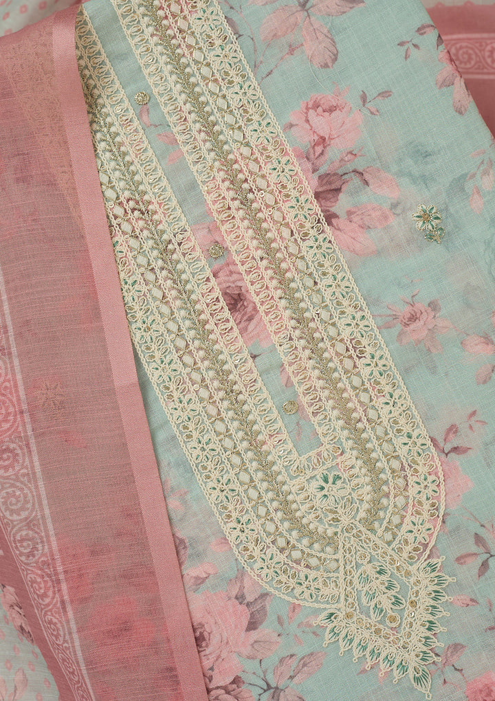 Sea Green Threadwork Linen Unstitched Salwar Suit