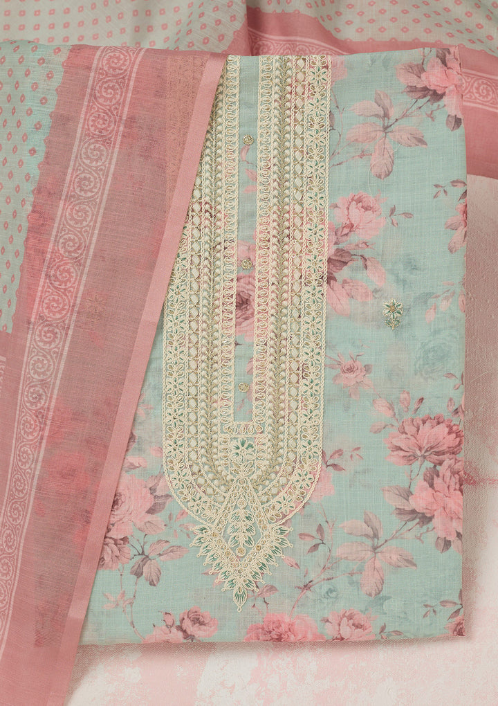 Sea Green Threadwork Linen Unstitched Salwar Suit