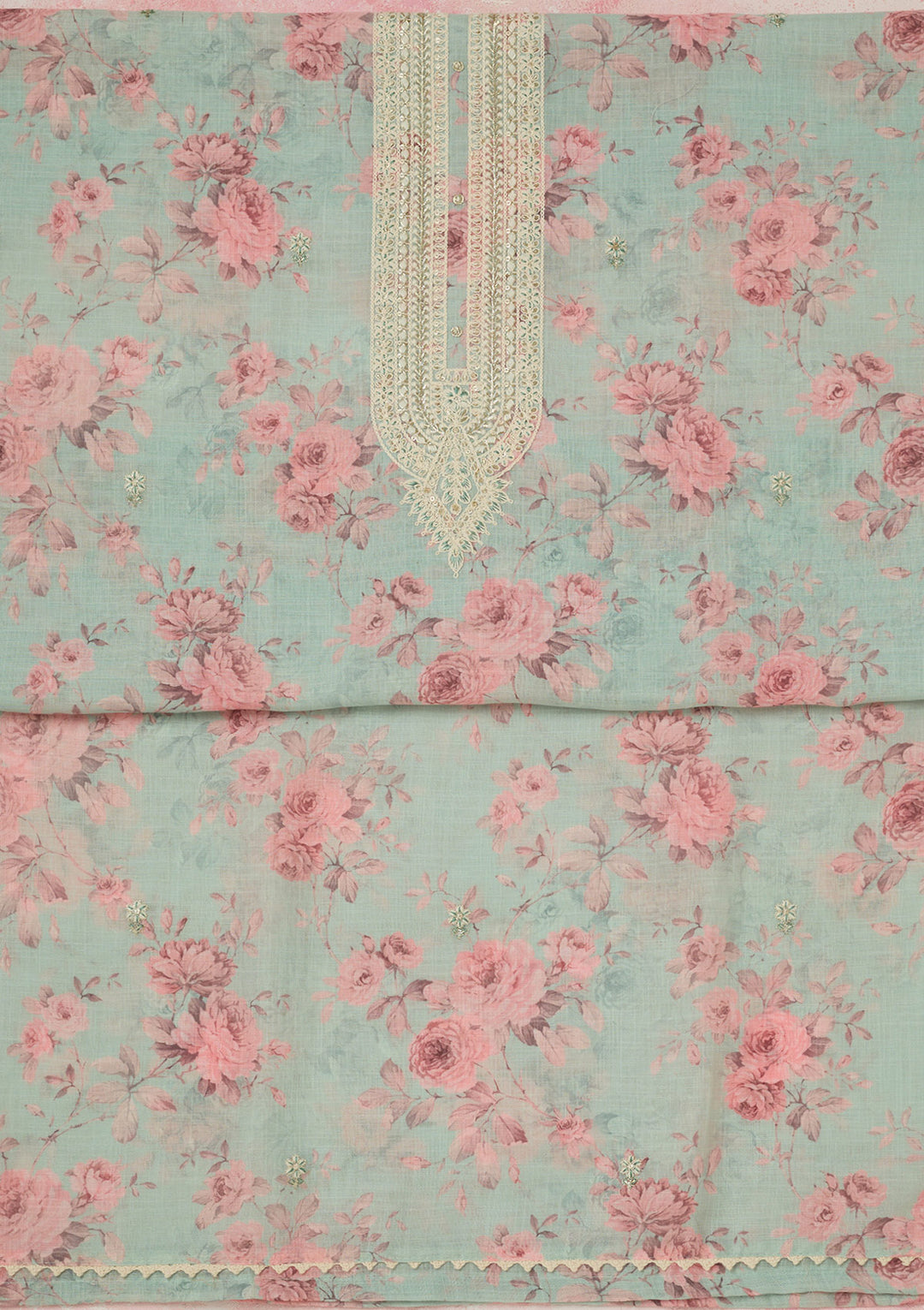 Sea Green Threadwork Linen Unstitched Salwar Suit