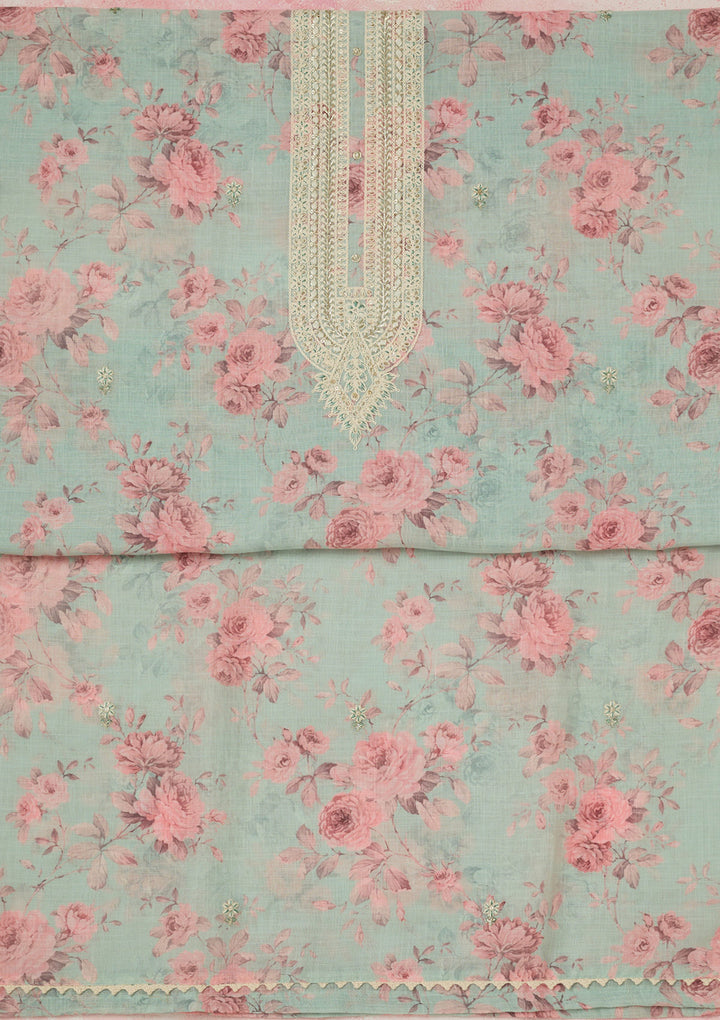 Sea Green Threadwork Linen Unstitched Salwar Suit