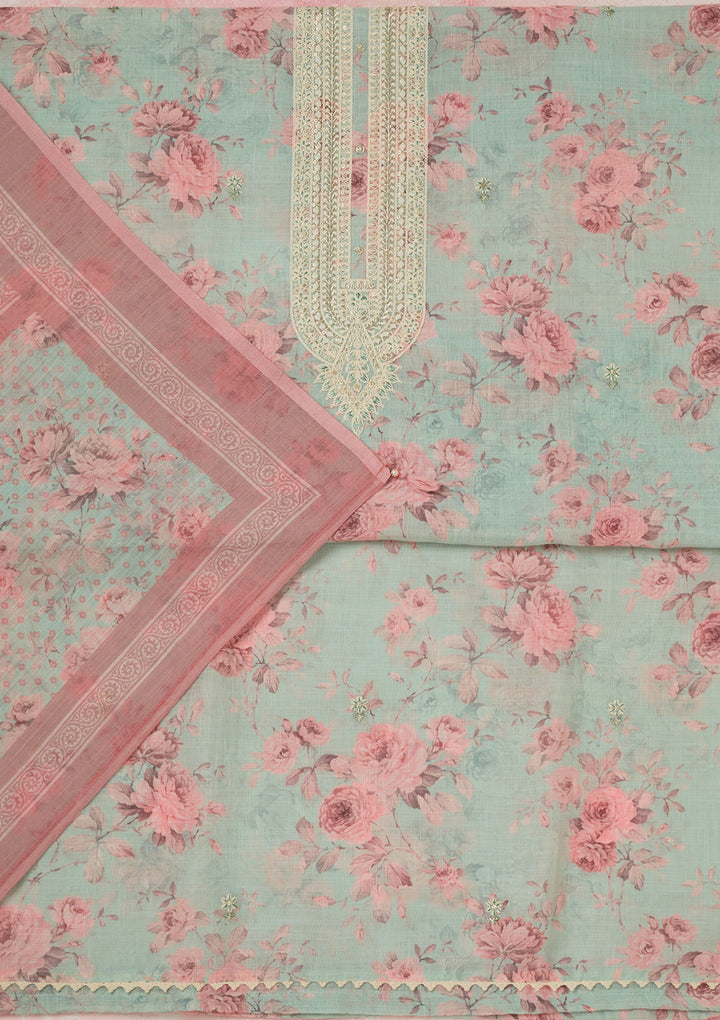 Sea Green Threadwork Linen Unstitched Salwar Suit