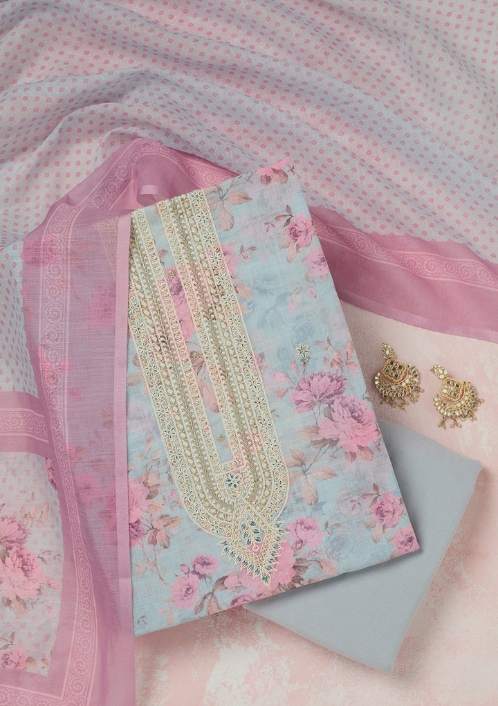 Sky Blue Threadwork Linen Unstitched Salwar Suit