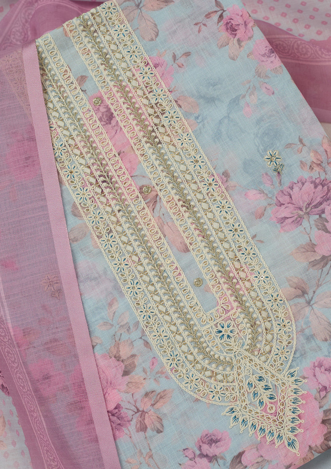 Sky Blue Threadwork Linen Unstitched Salwar Suit