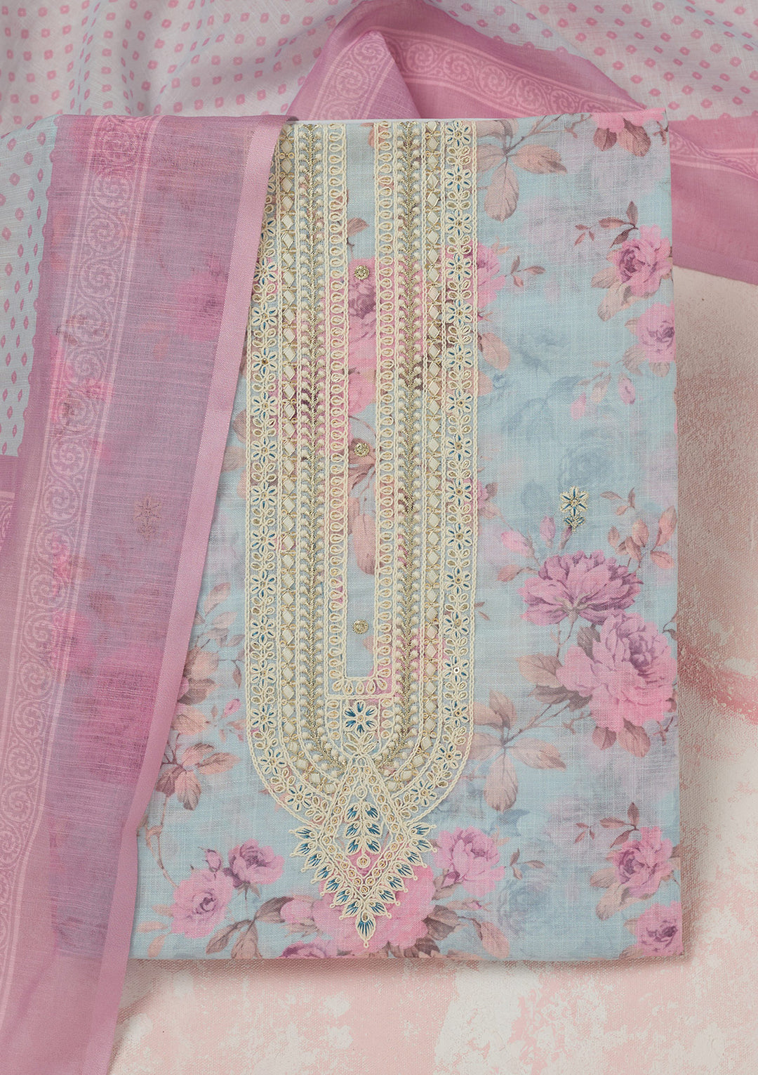 Sky Blue Threadwork Linen Unstitched Salwar Suit