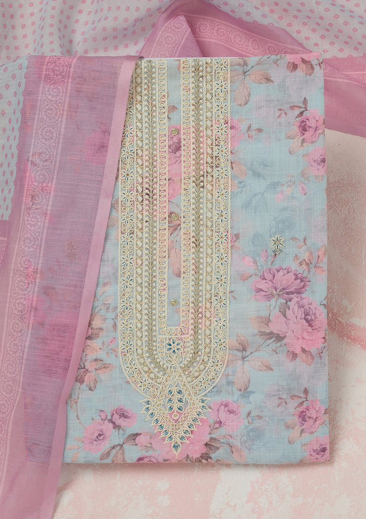 Sky Blue Threadwork Linen Unstitched Salwar Suit