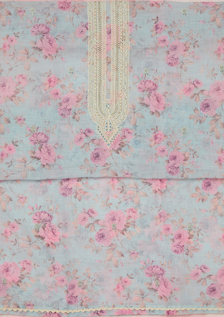 Sky Blue Threadwork Linen Unstitched Salwar Suit