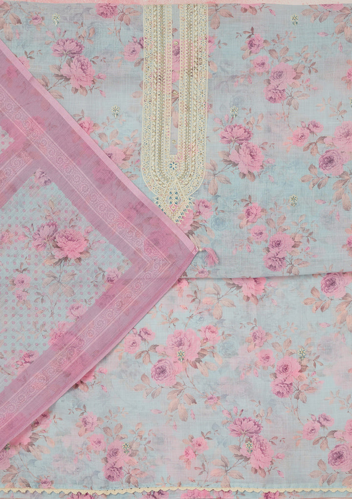 Sky Blue Threadwork Linen Unstitched Salwar Suit