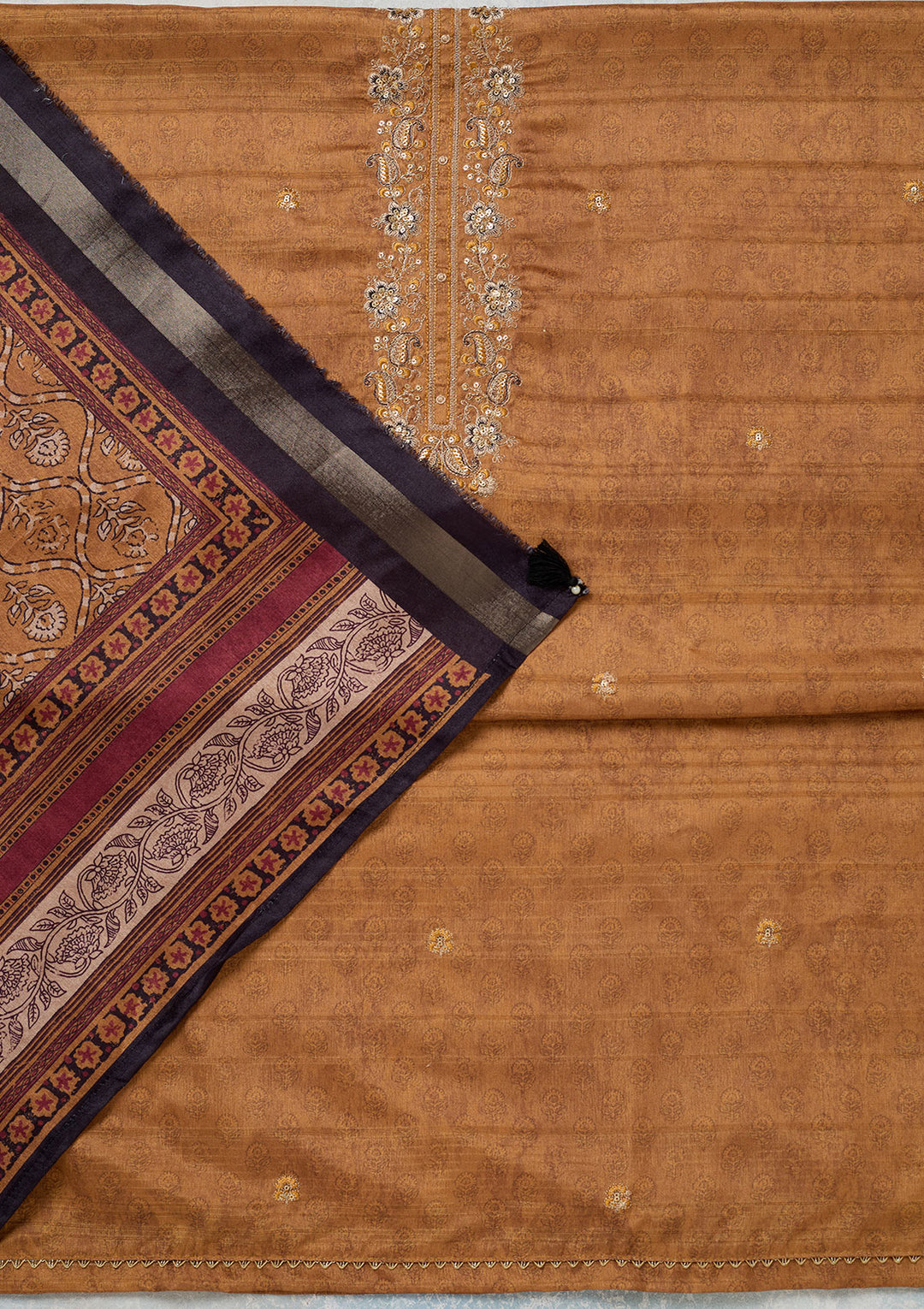 Mustard Chanderi Threadwork Unstitched Dress Material With Matching Bottom And Dupatta