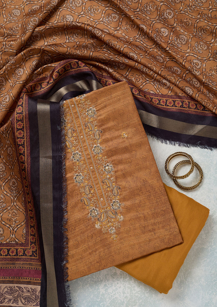 Mustard Chanderi Threadwork Unstitched Dress Material With Matching Bottom And Dupatta