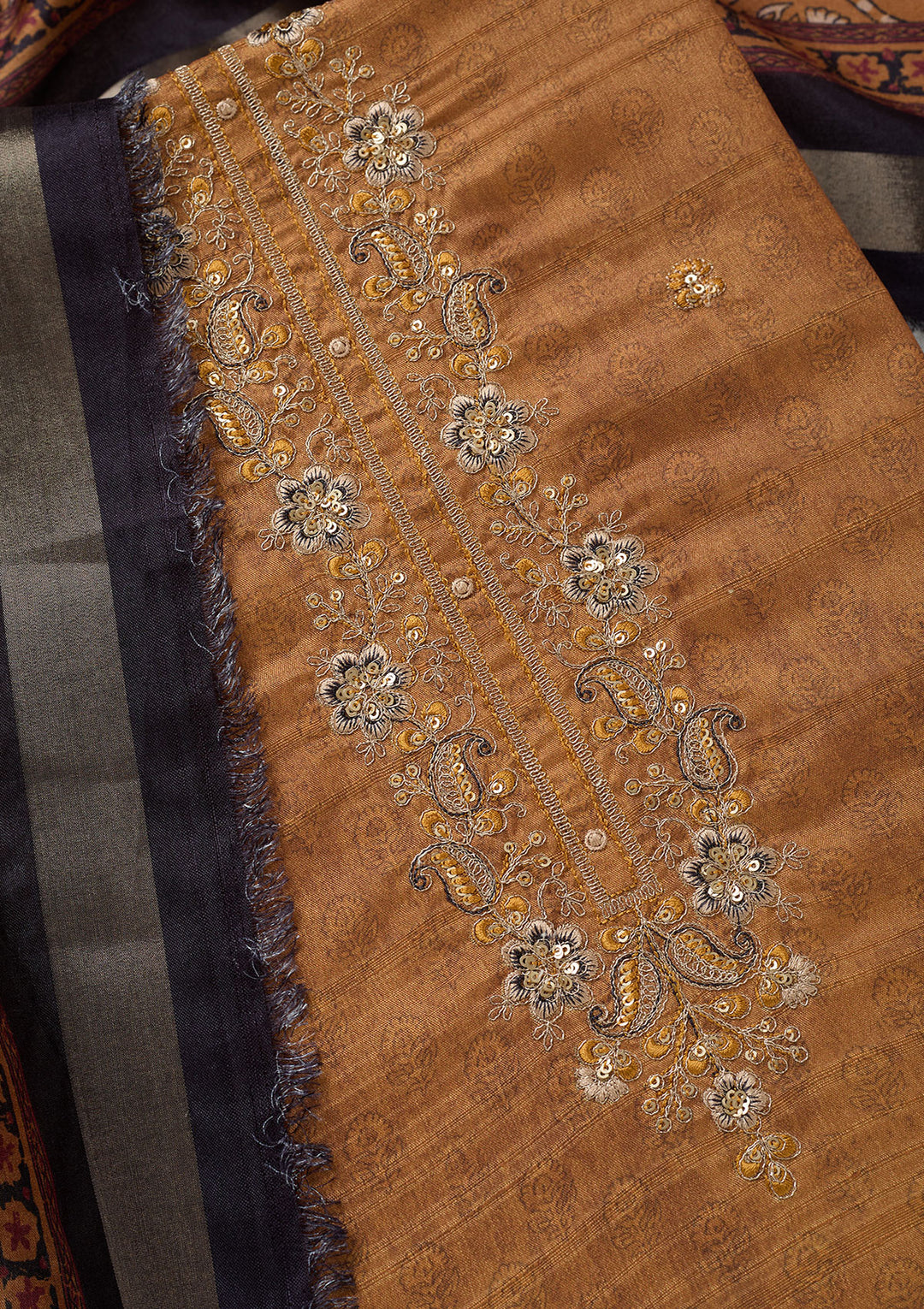Mustard Chanderi Threadwork Unstitched Dress Material With Matching Bottom And Dupatta