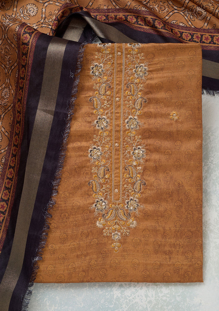 Mustard Chanderi Threadwork Unstitched Dress Material With Matching Bottom And Dupatta