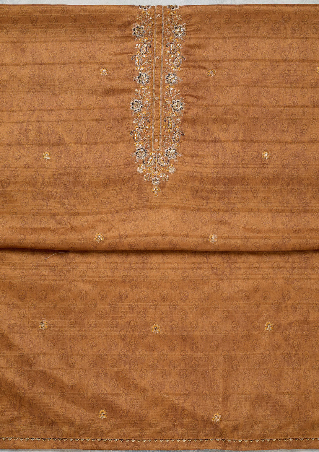 Mustard Chanderi Threadwork Unstitched Dress Material With Matching Bottom And Dupatta