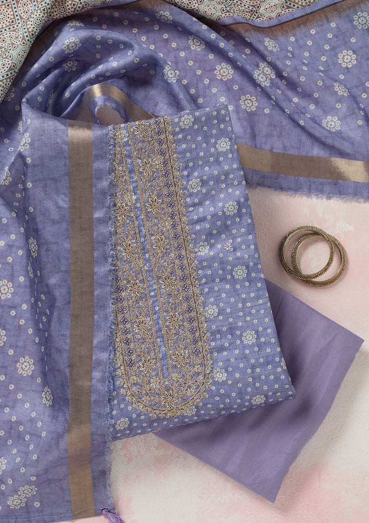 Blue Zariwork (Gold) Chanderi Unstitched Salwar Suit