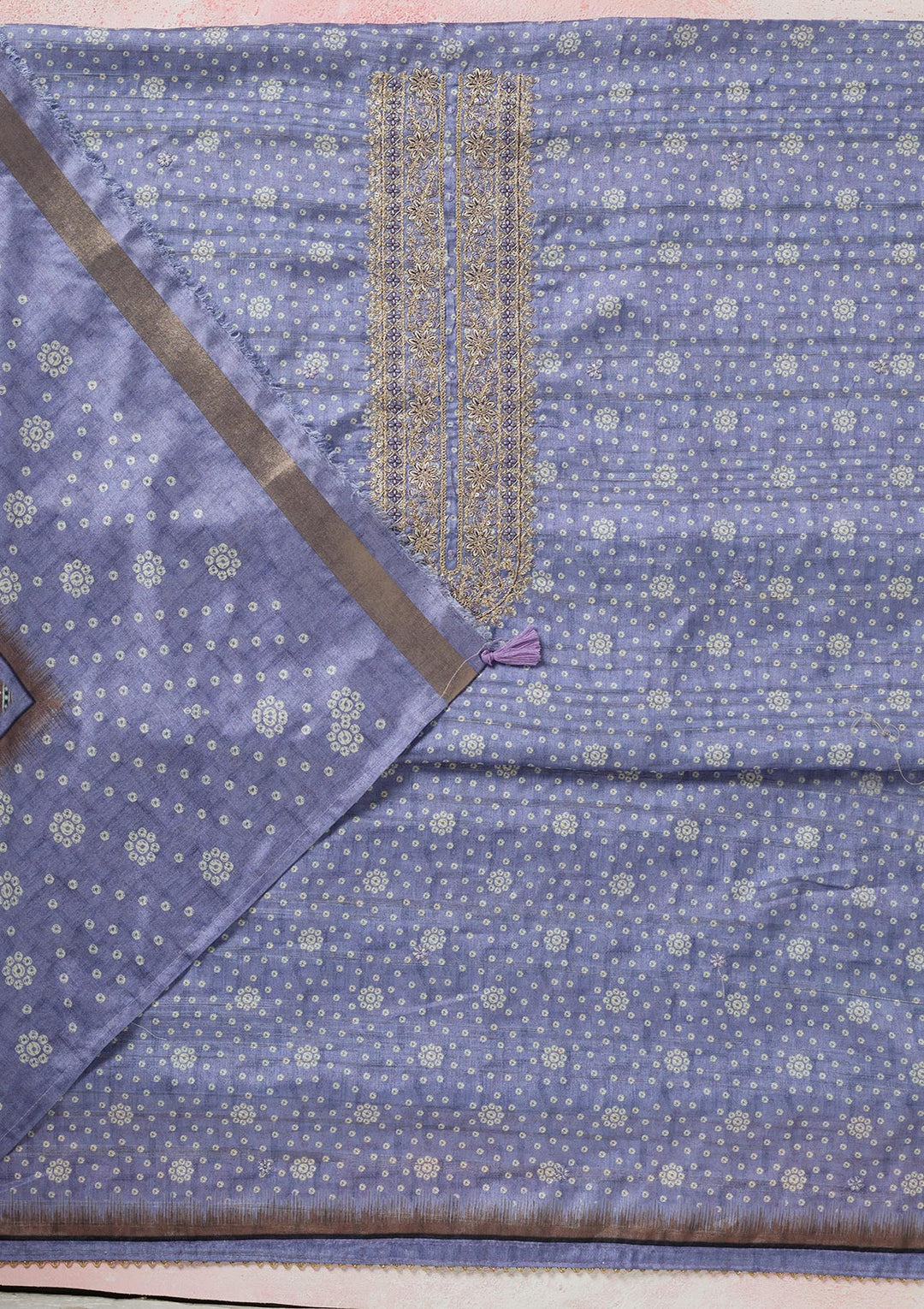 Blue Zariwork (Gold) Chanderi Unstitched Salwar Suit