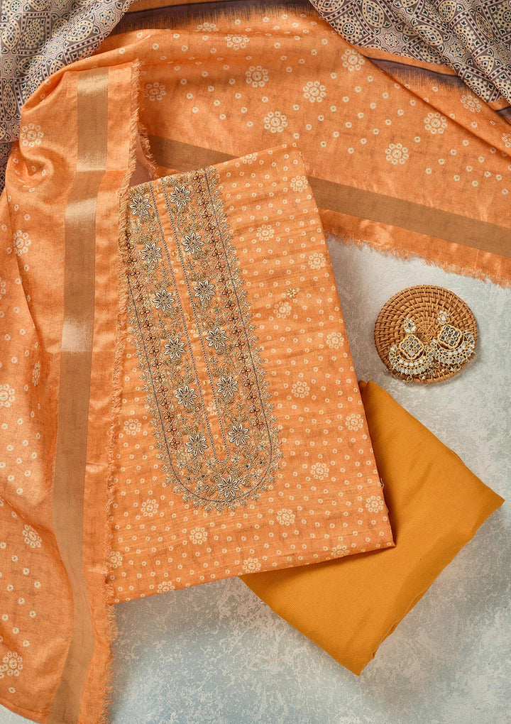 Orange Threadwork Chanderi Unstitched Salwar Suit