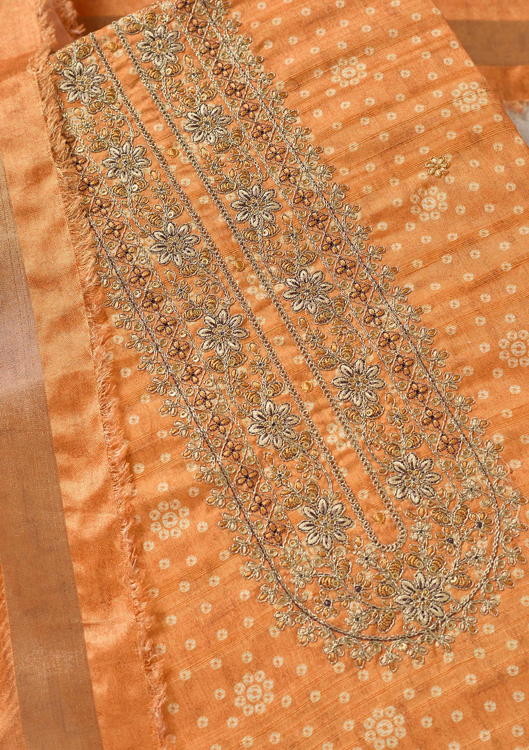 Orange Threadwork Chanderi Unstitched Salwar Suit