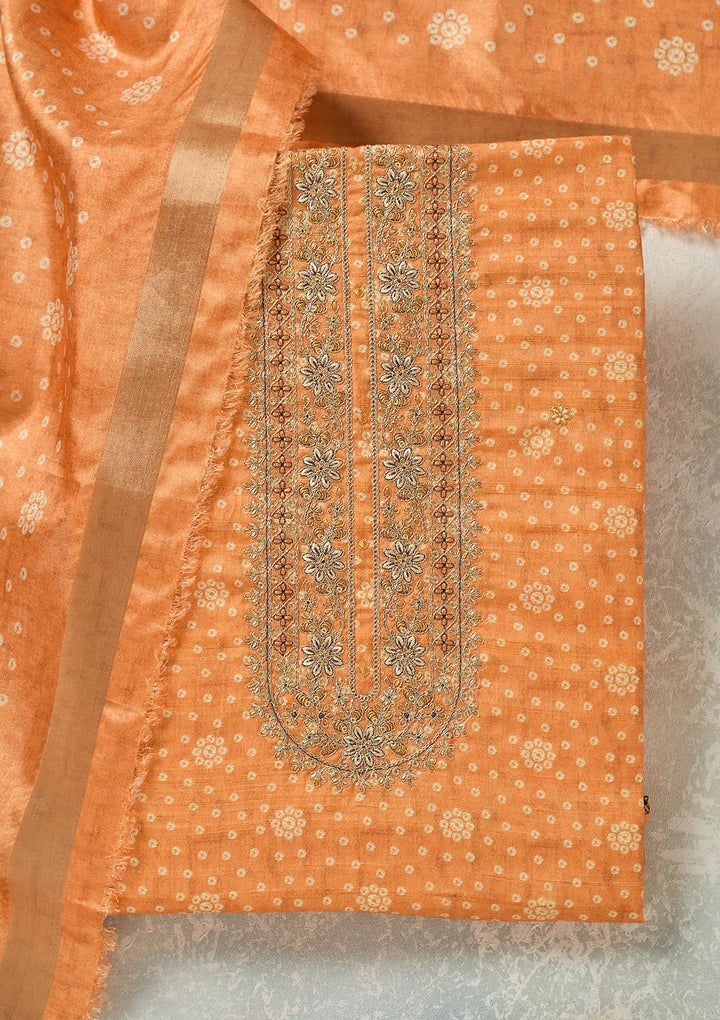 Orange Threadwork Chanderi Unstitched Salwar Suit