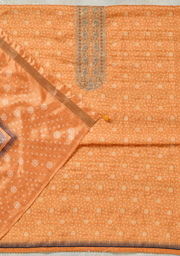 Orange Threadwork Chanderi Unstitched Salwar Suit