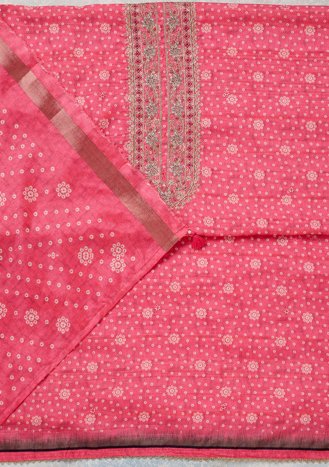 Pink Chanderi Bandhej Gold Zariwork Unstitched Dress Material With Matching Bottom And Dupatta