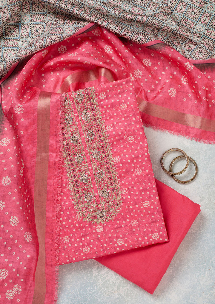 Pink Chanderi Bandhej Gold Zariwork Unstitched Dress Material With Matching Bottom And Dupatta