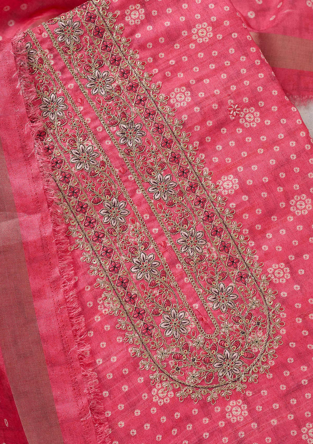 Pink Chanderi Bandhej Gold Zariwork Unstitched Dress Material With Matching Bottom And Dupatta
