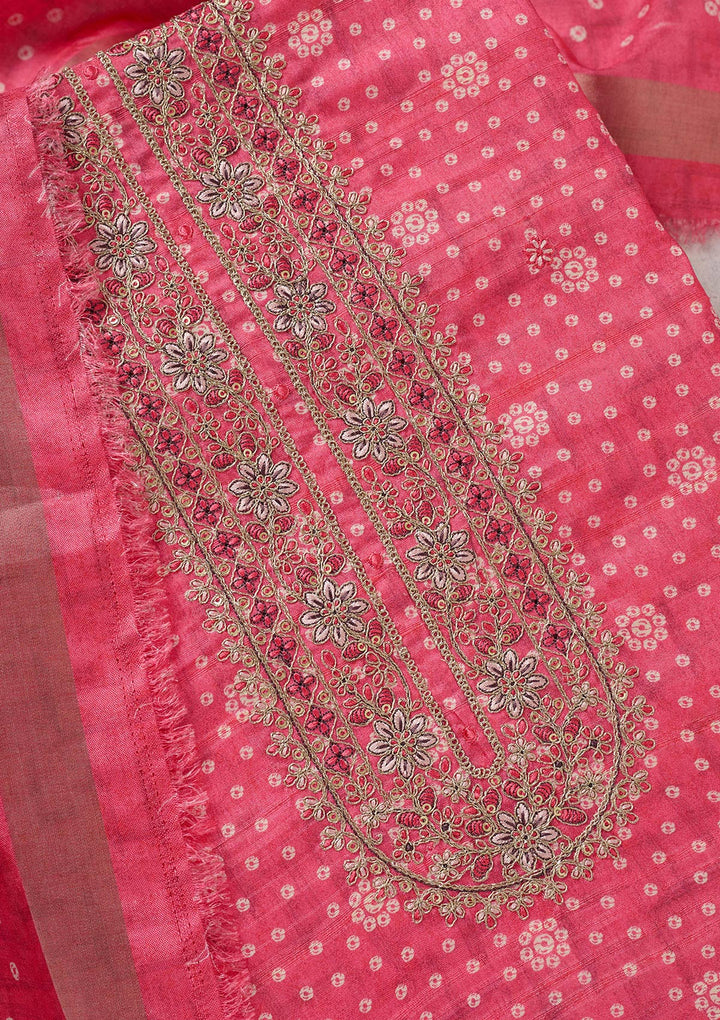 Pink Chanderi Bandhej Gold Zariwork Unstitched Dress Material With Matching Bottom And Dupatta