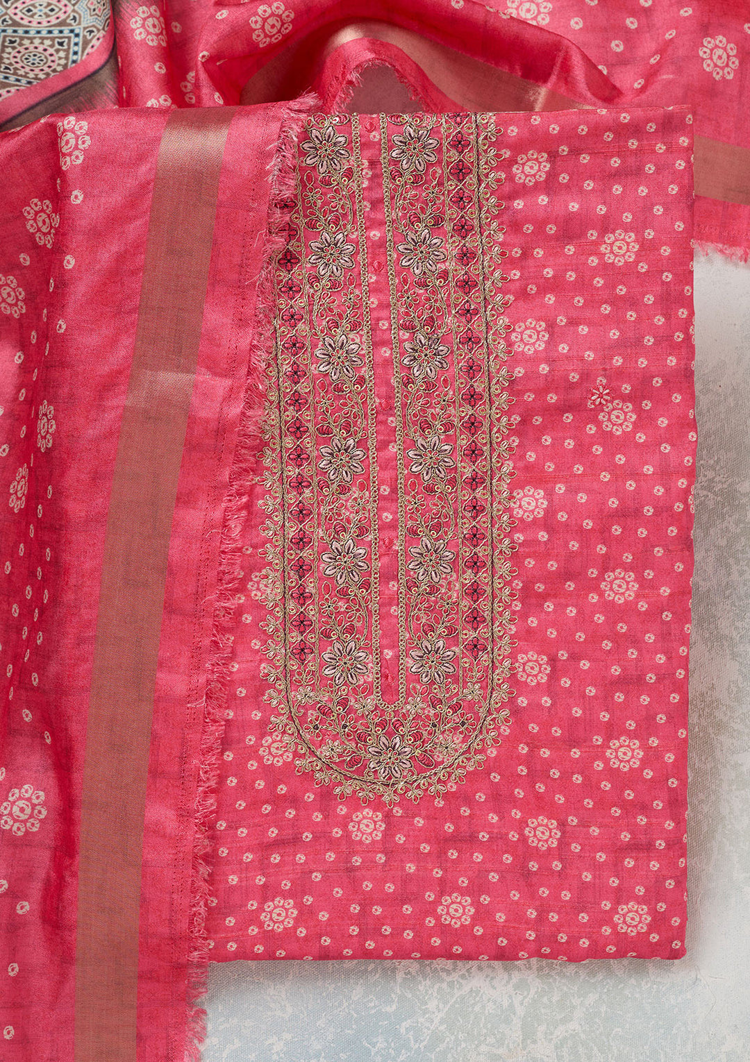 Pink Chanderi Bandhej Gold Zariwork Unstitched Dress Material With Matching Bottom And Dupatta