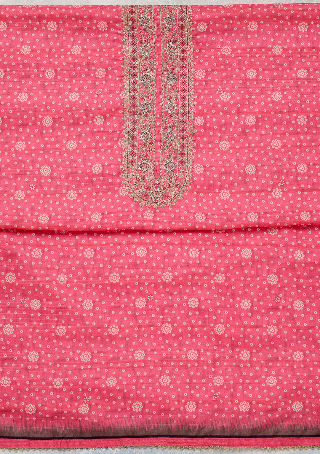 Pink Chanderi Bandhej Gold Zariwork Unstitched Dress Material With Matching Bottom And Dupatta