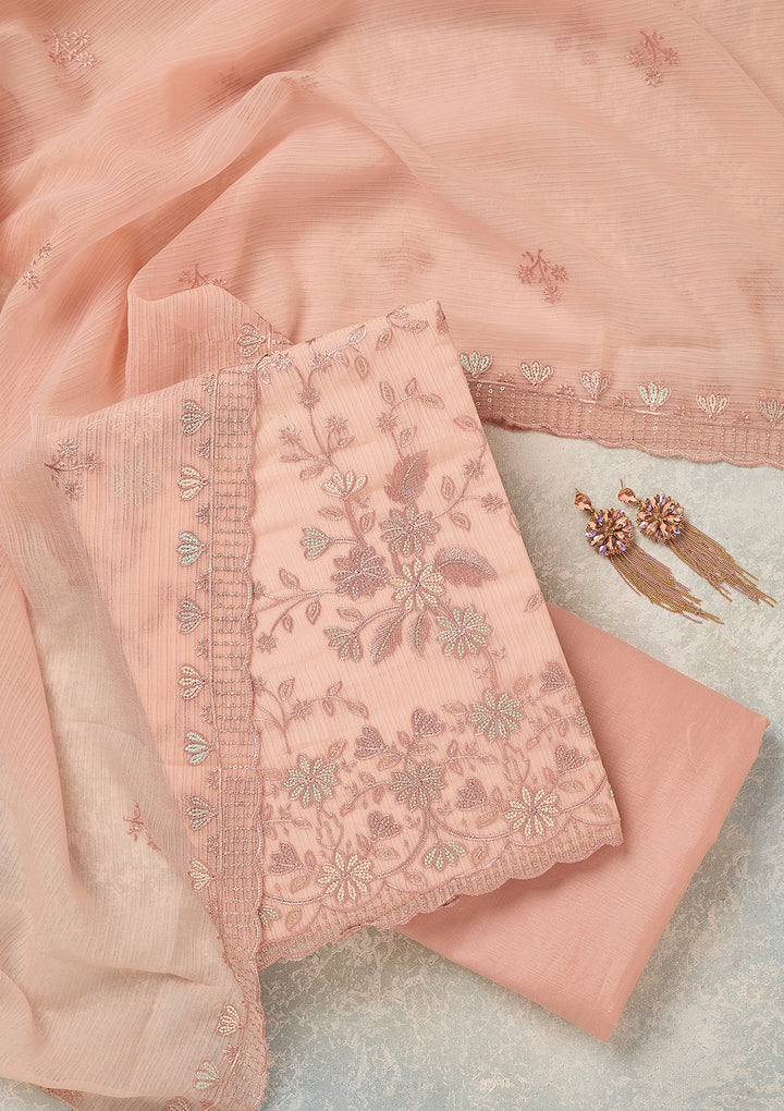 Baby Pink Chiffon Threadwork Unstitched Dress Material With Matching Bottom And Dupatta