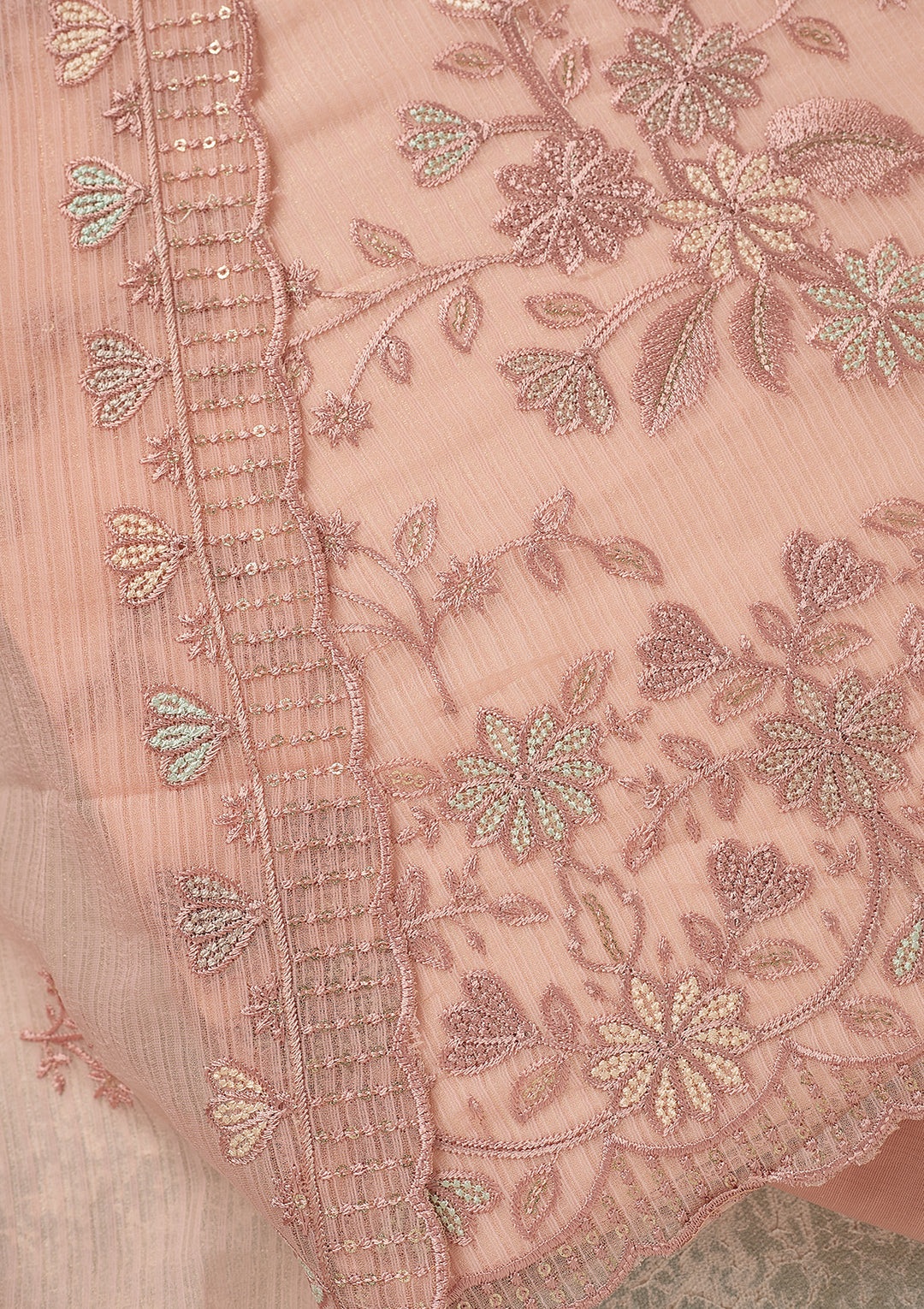 Baby Pink Chiffon Threadwork Unstitched Dress Material With Matching Bottom And Dupatta
