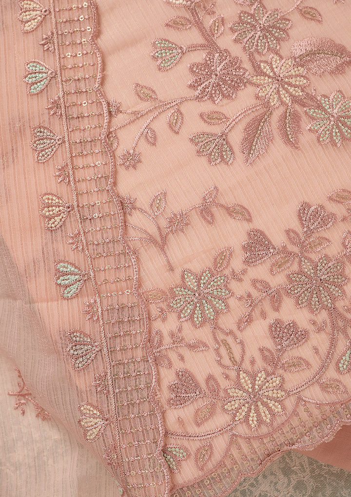 Baby Pink Chiffon Threadwork Unstitched Dress Material With Matching Bottom And Dupatta