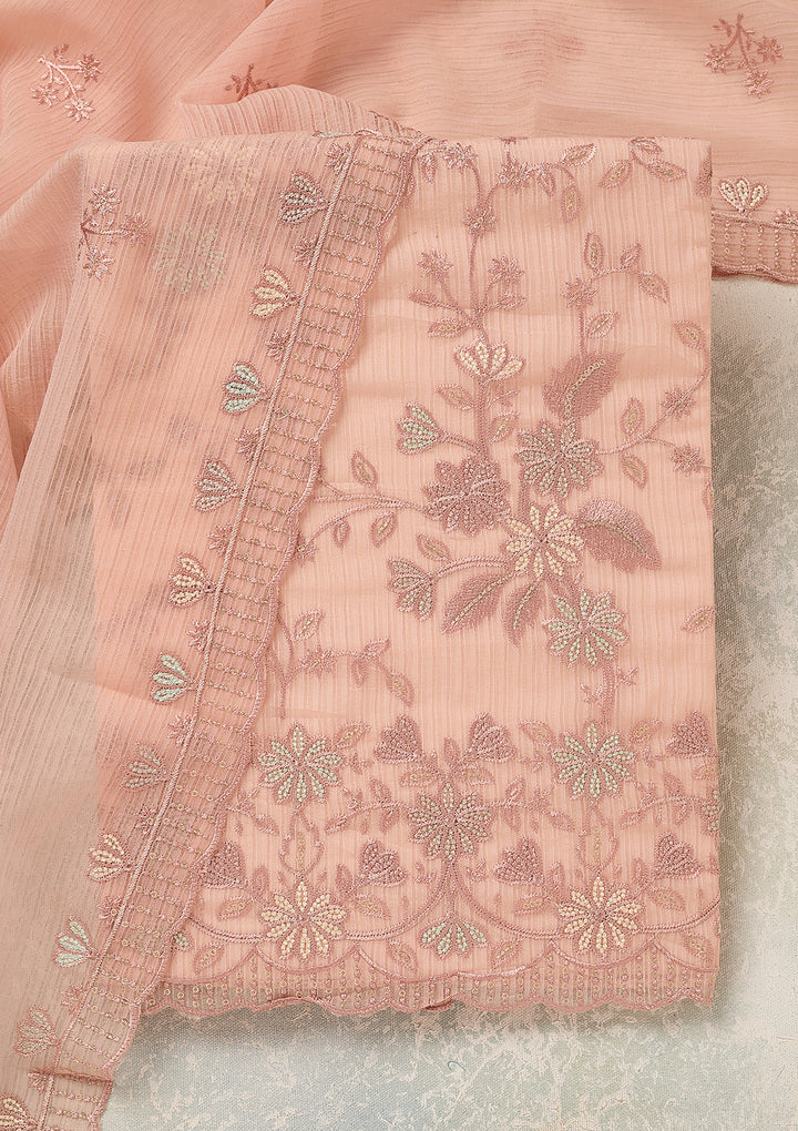 Baby Pink Chiffon Threadwork Unstitched Dress Material With Matching Bottom And Dupatta