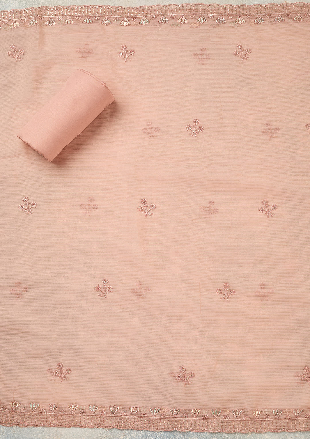 Baby Pink Chiffon Threadwork Unstitched Dress Material With Matching Bottom And Dupatta