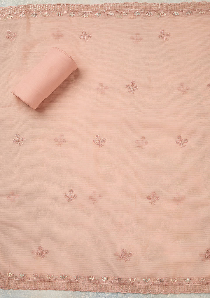 Baby Pink Chiffon Threadwork Unstitched Dress Material With Matching Bottom And Dupatta