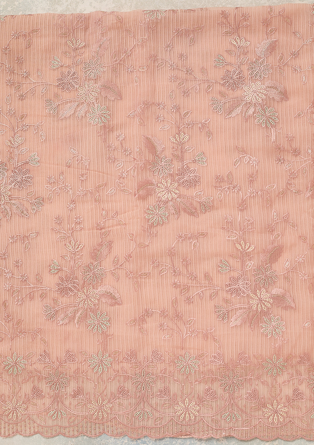 Baby Pink Chiffon Threadwork Unstitched Dress Material With Matching Bottom And Dupatta
